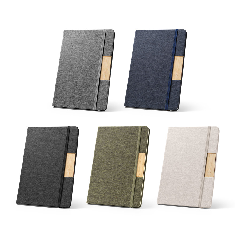 Caderno A5 em tecido poliéster 100% reciclado (100% rPET) com folhas pautadas